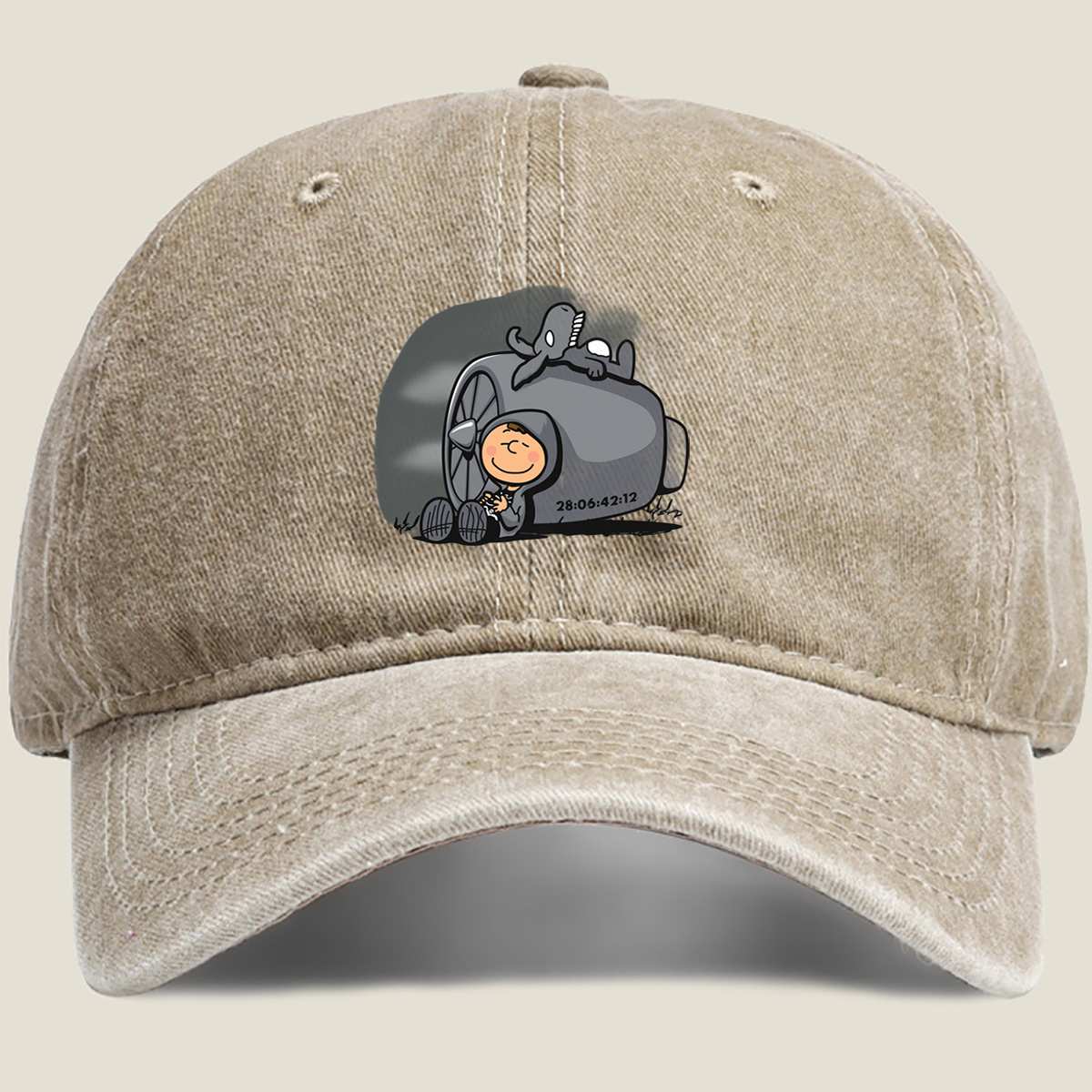 Cute Cartoon Boy with Time Machine and Octopus - Washed Denim - Baseball Cap