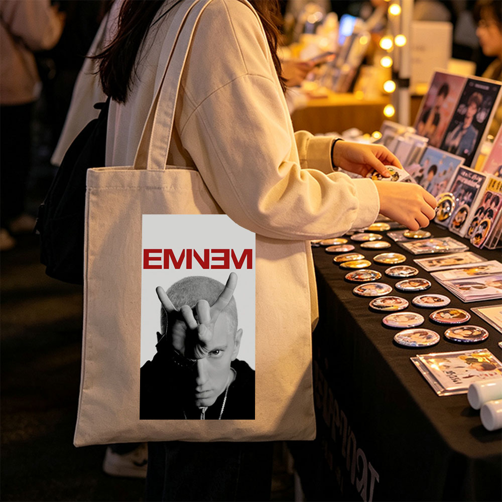 Eminem Making Hand Gesture in Black and White Portrait - Canvas tote bags