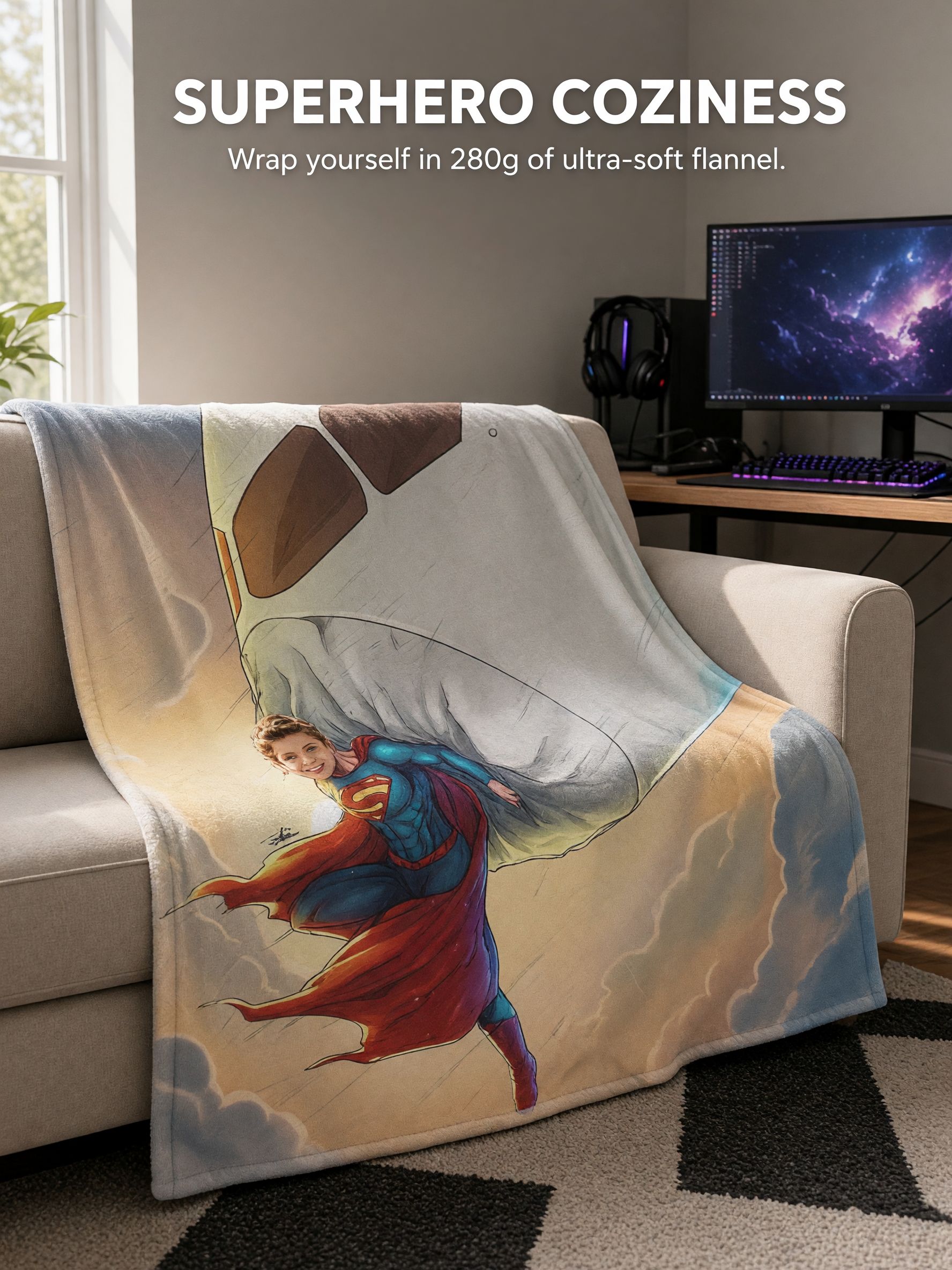Personalized Photo Superhero Flannel Fleece Blanket, Custom Face Cozy Warm Throw for Kids, Ideal Personalized Gift