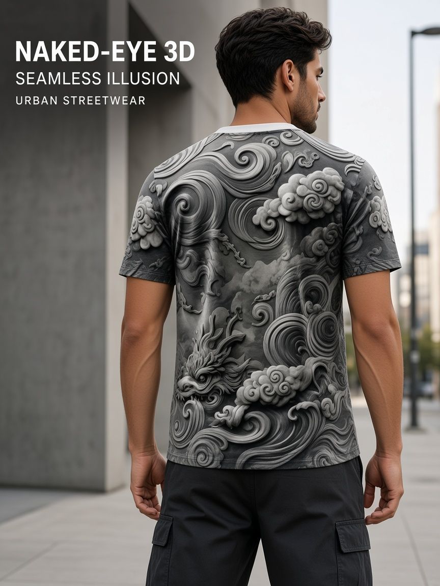 Chinese Dragon Relief 3D Optical Illusion Graphic Tee Breathable Athletic Mesh T-Shirt Casual And Sports Wear