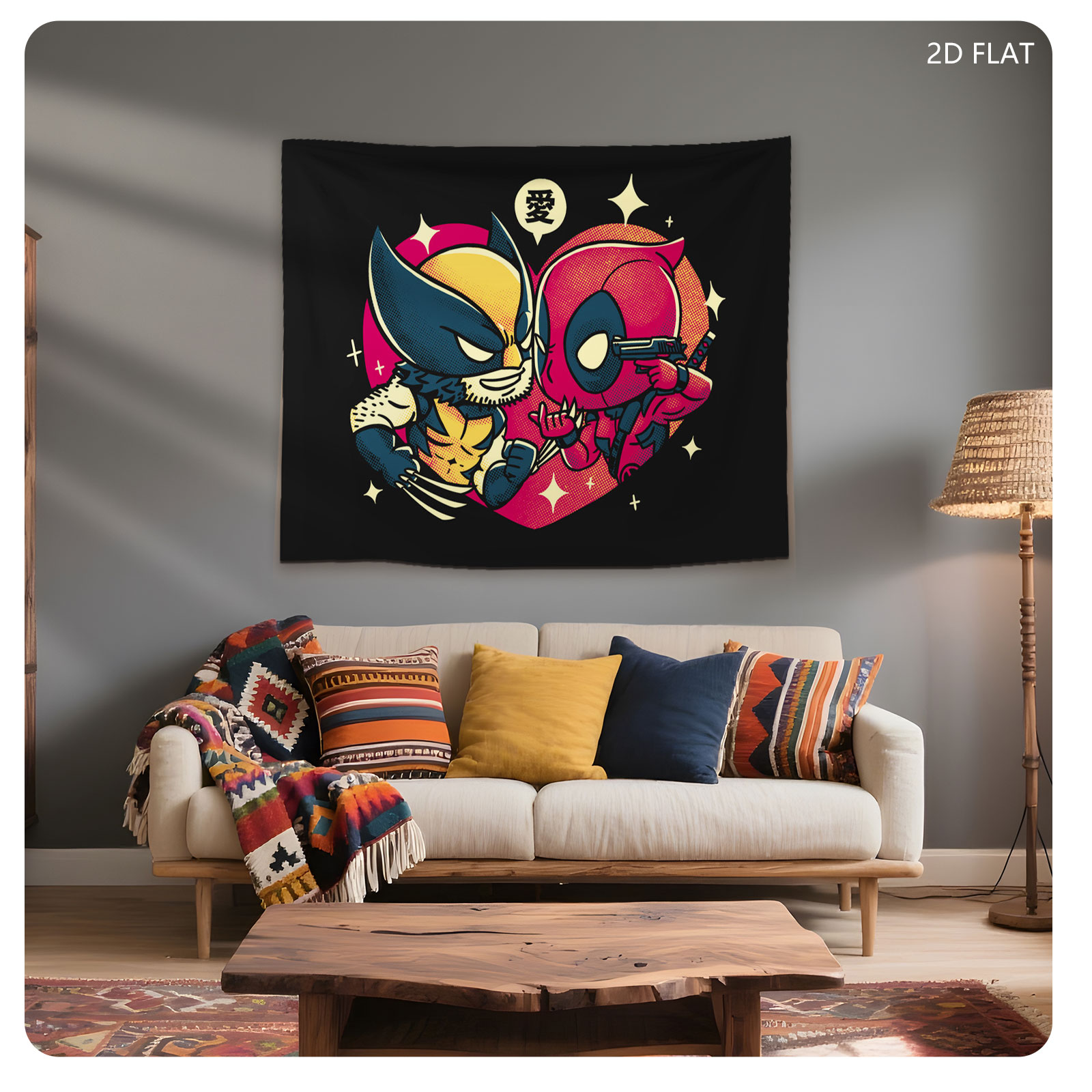 Wolverine and Deadpool in a Heart-Shaped Embrace with Love Symbol - Tapestry