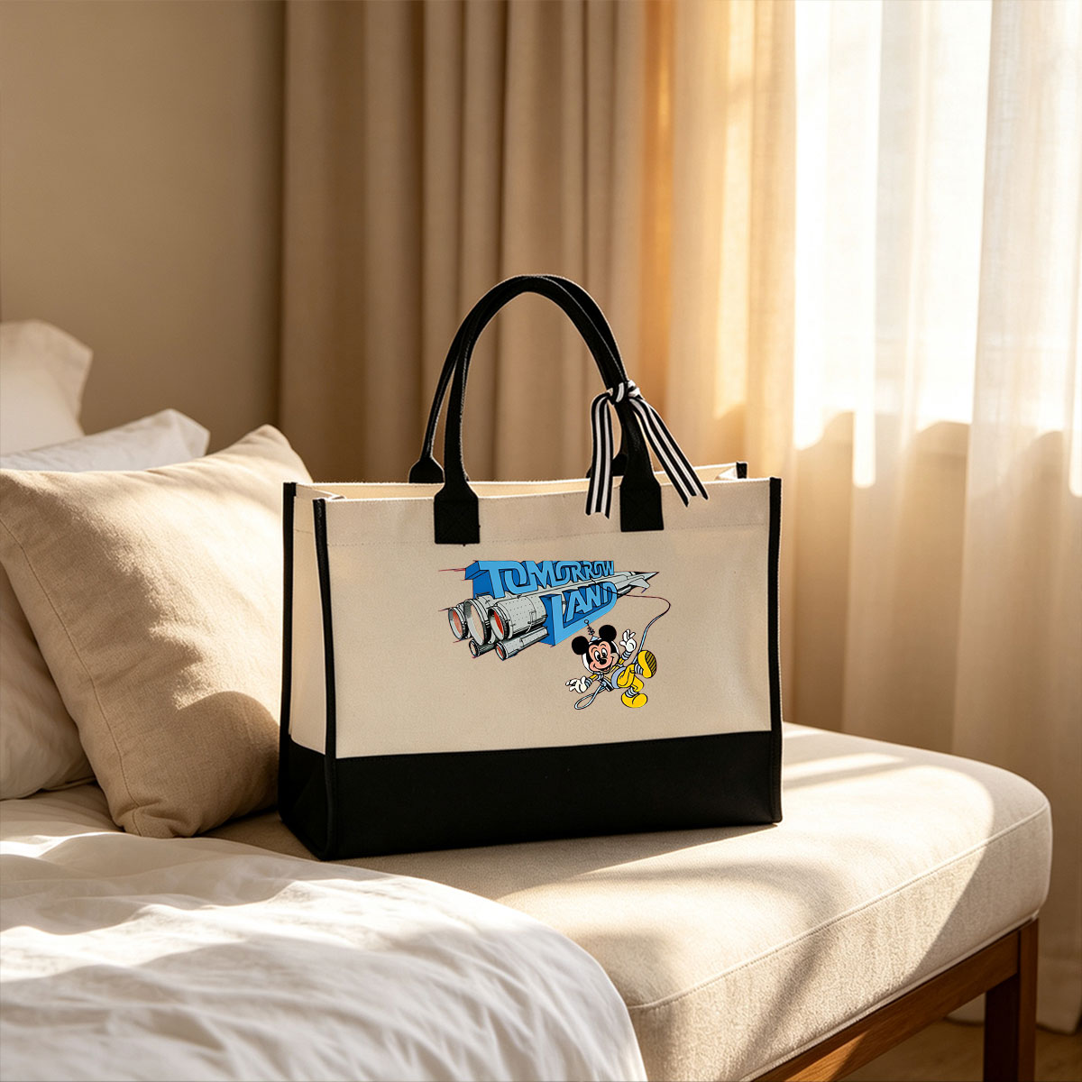 Mickey Mouse in Tomorrowland with Rocket Ship - Canvas patchwork gift tote bag
