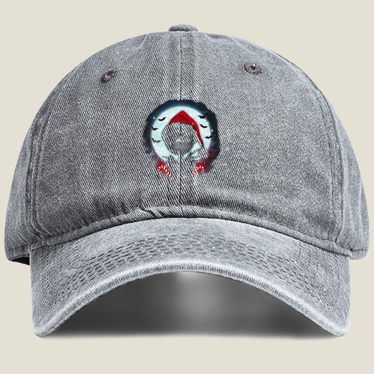 Jack Skellington in Santa Hat with Candy Canes Against Moonlit Sky - Washed Denim - Baseball Cap
