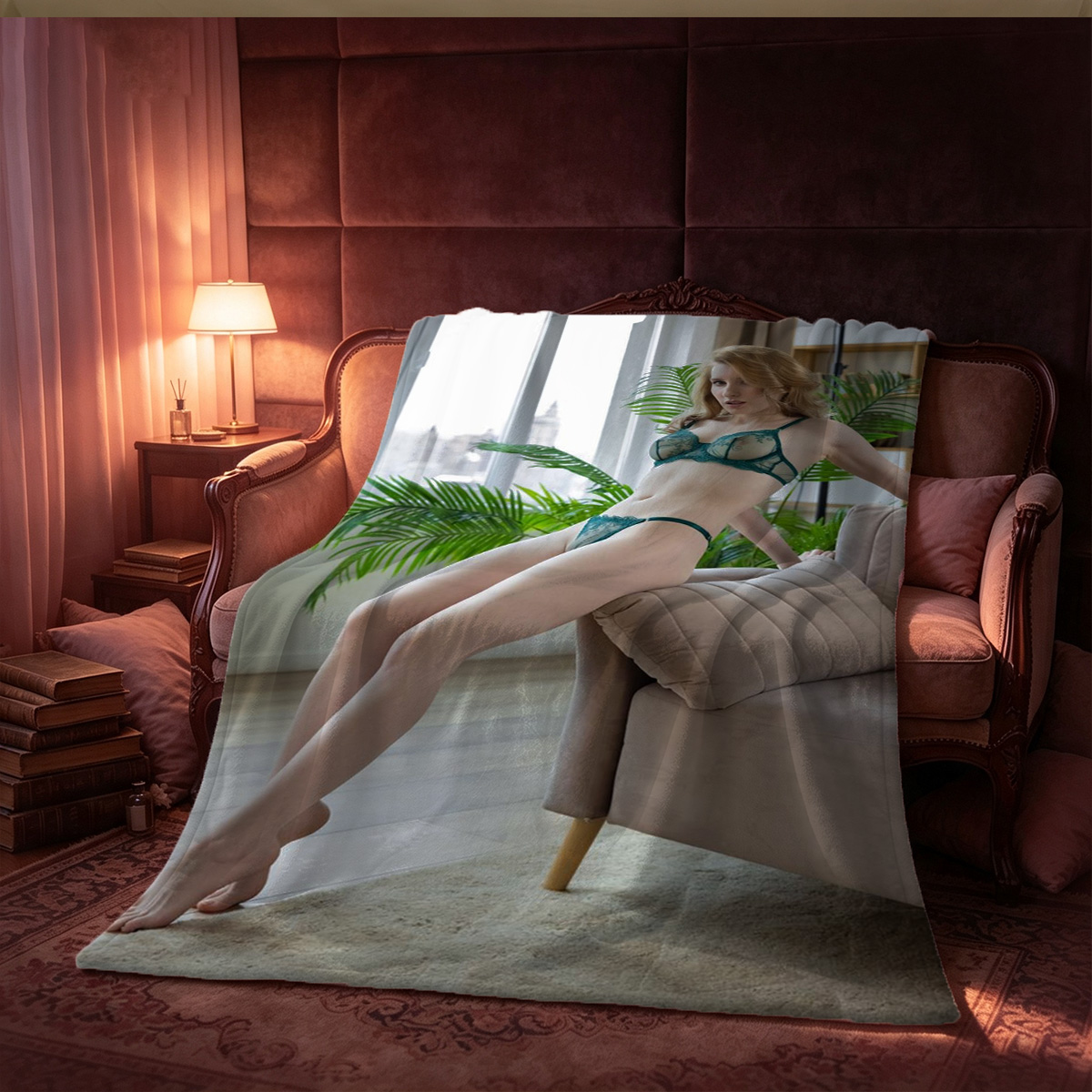 Nude Christmas: Elsa Hosk in black stockings by the fireplace with teddy bear. - Blanket