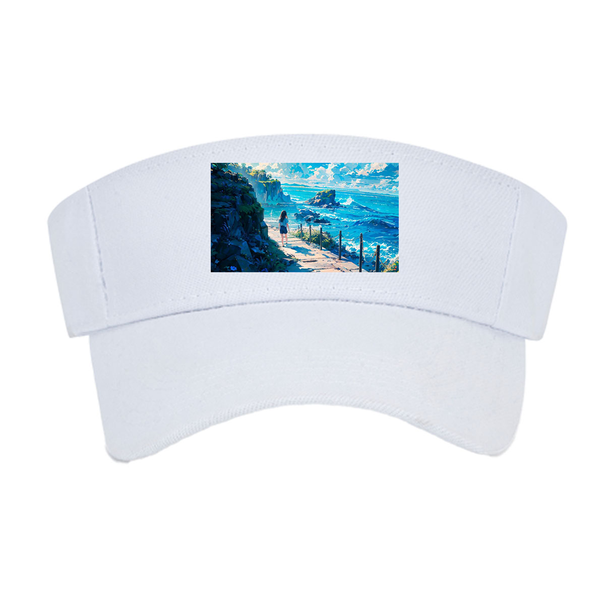 Girl walking on coastal path overlooking turquoise sea and rocky cliffs under bright blue sky -  Visor cap