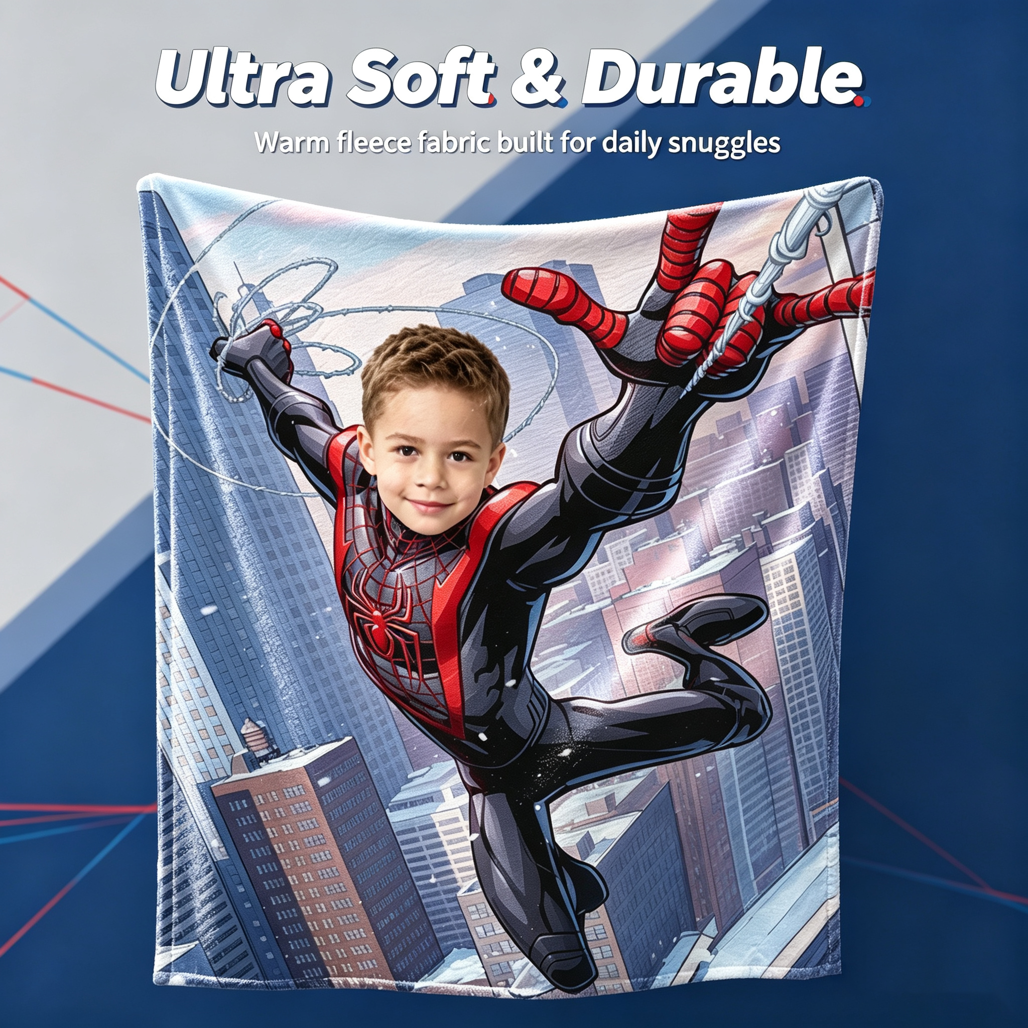 Custom Spider‑Man Miles Morales Photo Blanket, Personalized Kids Blanket Upload Photoa，Thick Flannel Throw Blanket, Superhero Custom Portrait Blanket, Birthday Gift for Boys
