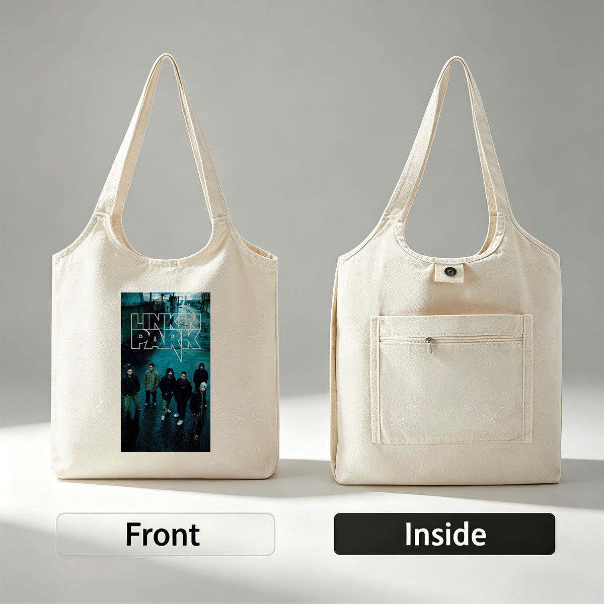 Linkin Park Band Standing in a Rainy Industrial Alleyway with Bold Logo Overlay - Canvas shoulder bags/