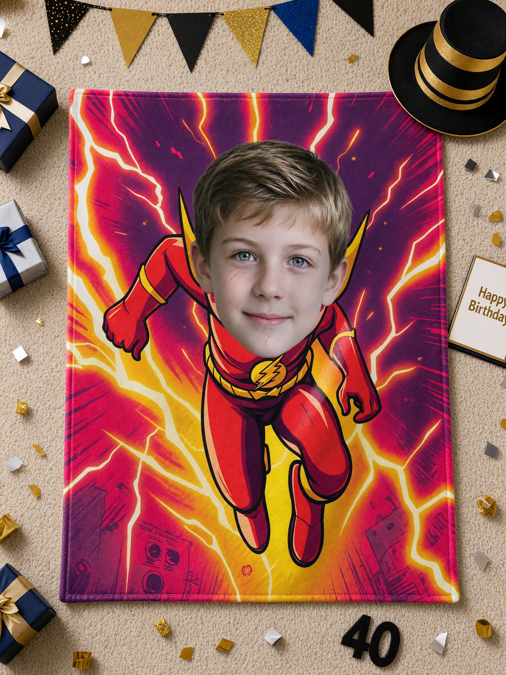 Custom Superhero Face Photo Blanket Personalized Lightning Hero Flannel Fleece Throw Soft Skin Friendly Cozy Gift
