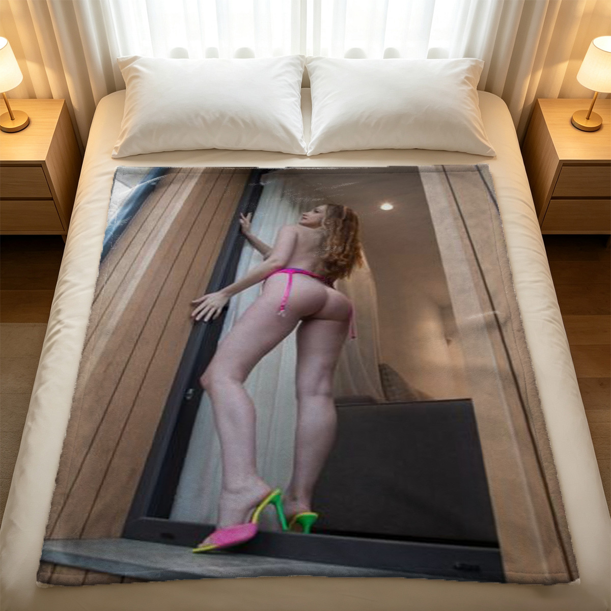 A young Asian woman in a black lace bra pulled down, sitting topless on a bed. - Blanket