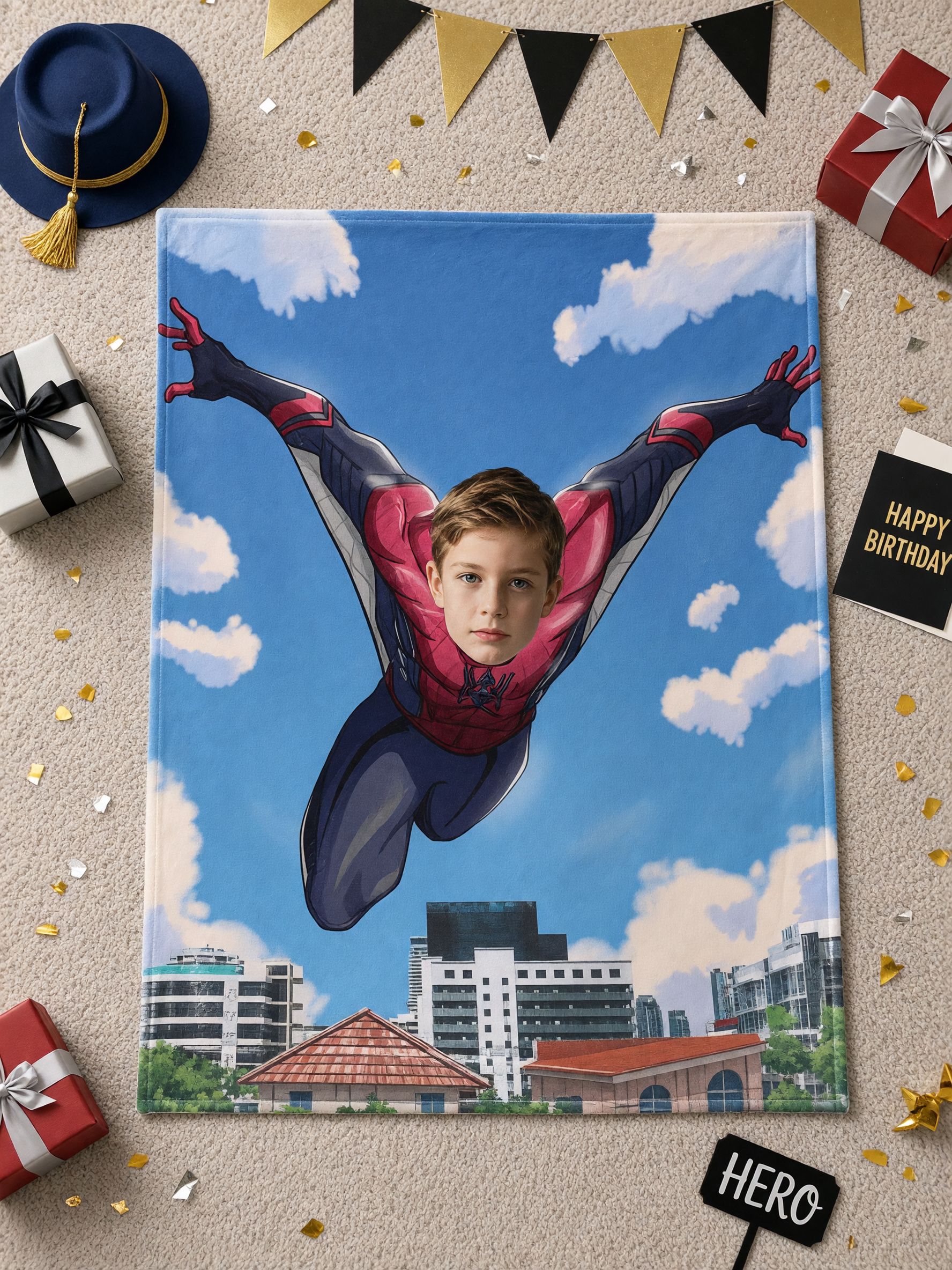 Custom Face Blanket Personalized Superhero Flying Over City Flannel Throw Cozy Photo Gift for Kids and Boys