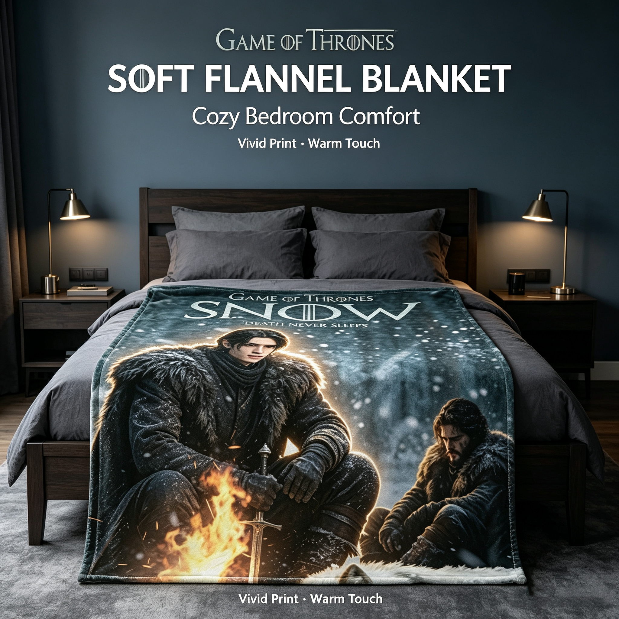 Custom Face Blanket Game of Thrones Snow Flannel Blanket Winter Campfire Scene Gift for Fans