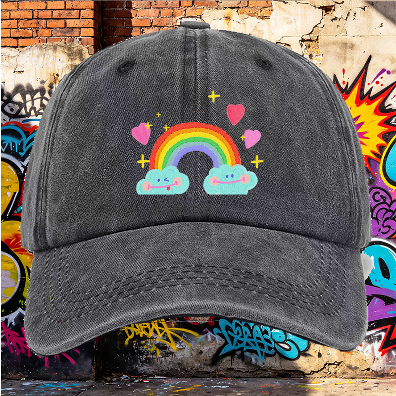 Men's Printed Washed Cap with Rainbow Clouds and Hearts Design - Casual Round Brim Summer Lightweight Hat for Outdoor Activities, Travel, and Daily Wear - Ideal for Young Adults and Trendy Urban Style Lovers