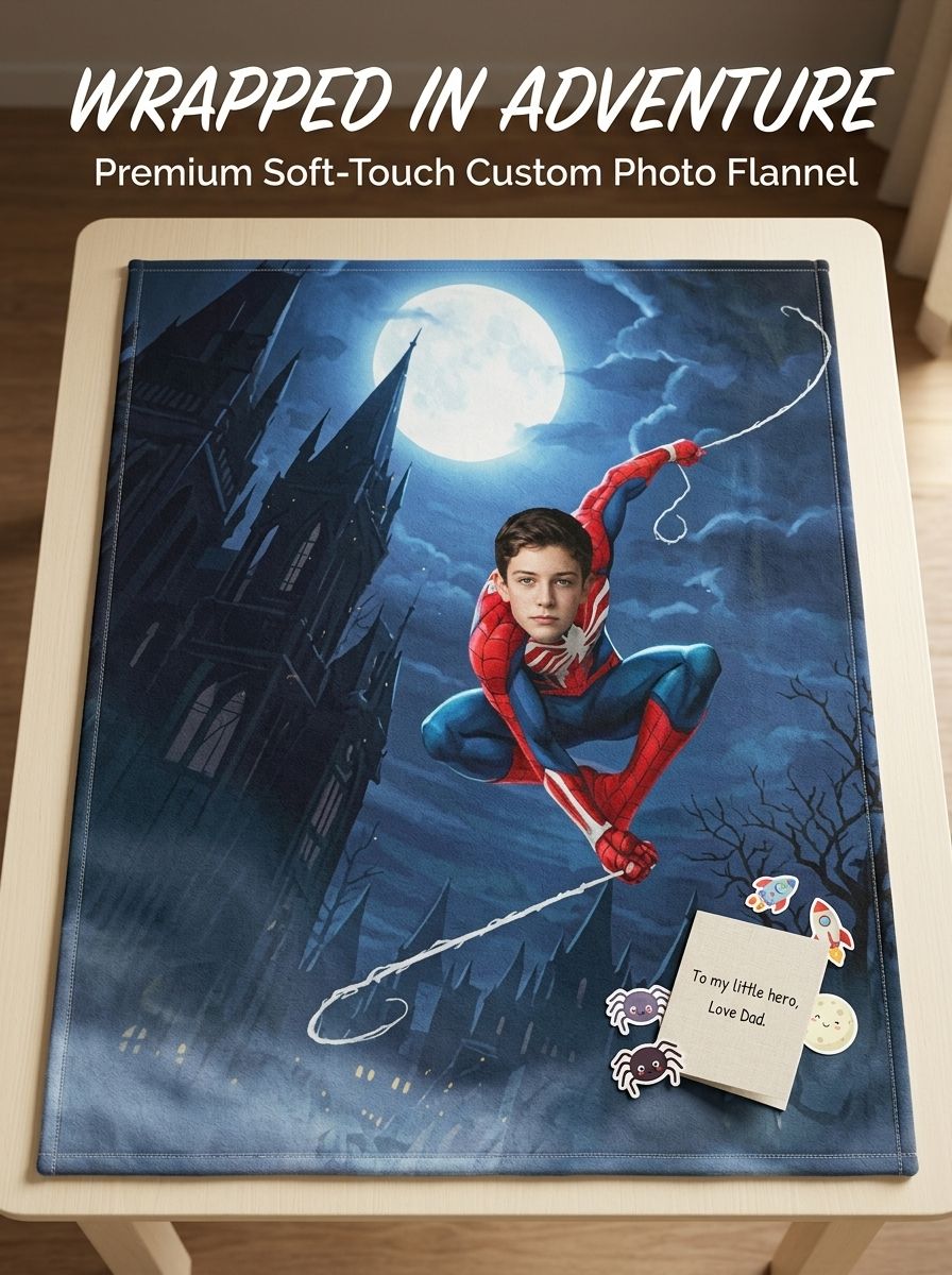 Custom Face Superhero Flannel Blanket, Personalized Photo Throw for Kids Bedroom Couch, Cozy Keepsake Hero Gift