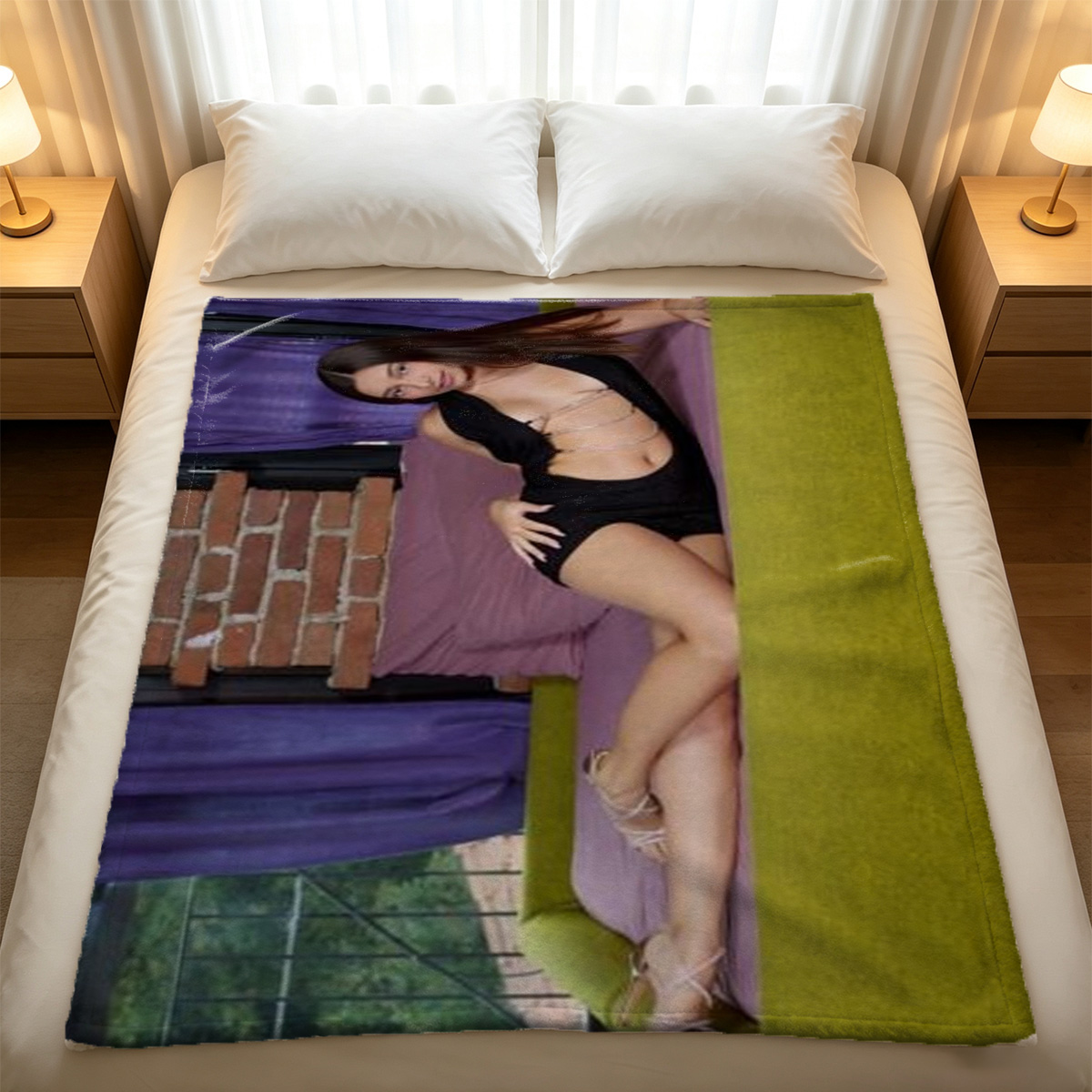 Redhead woman lying topless in bed under white sheets. - Blanket