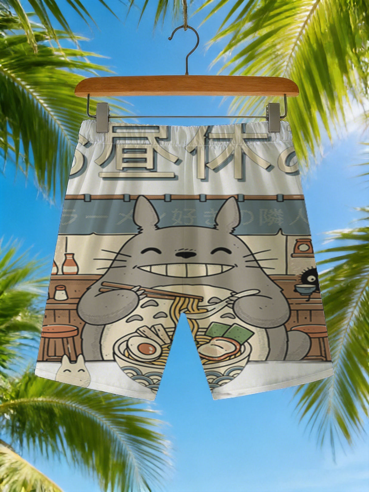 Totoro Enjoying Ramen at a Noodle Shop -  Beach shorts