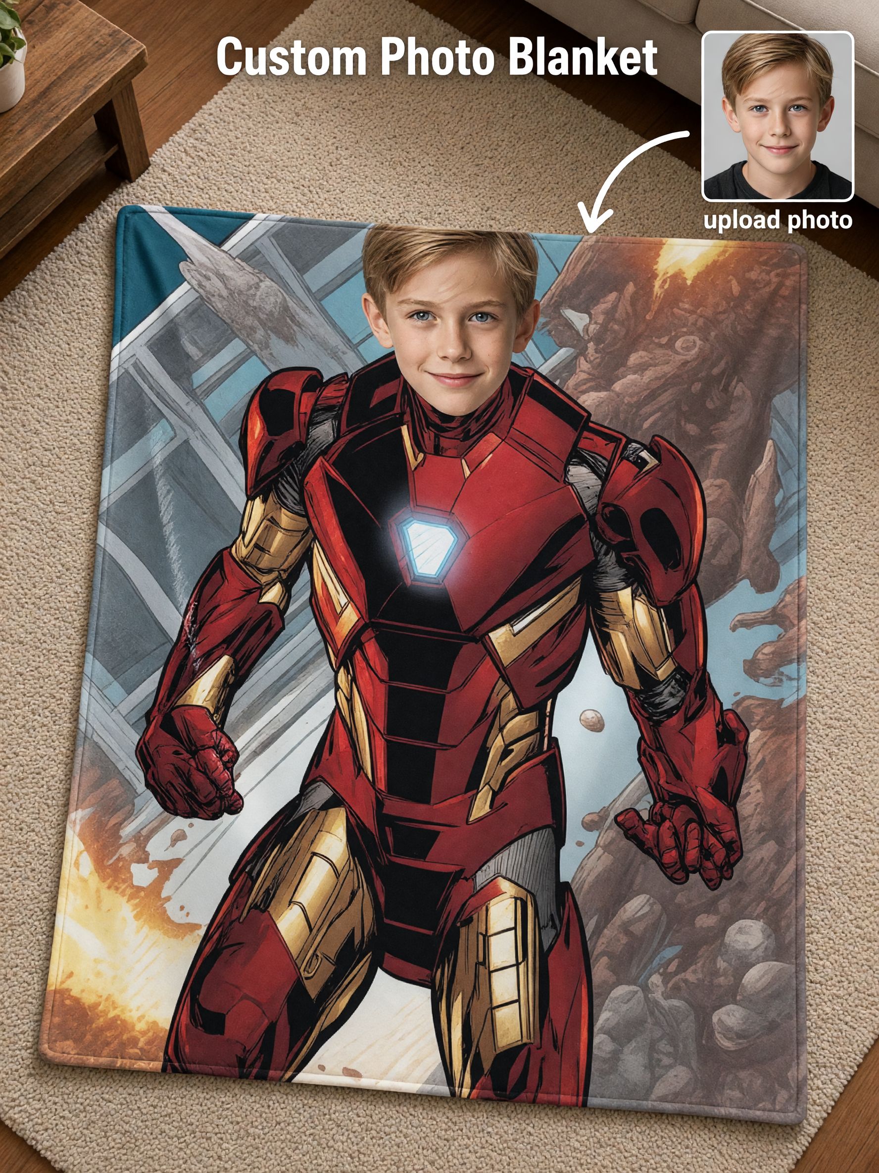 Custom Face Superhero Flannel Blanket, Personalized Photo Plush Throw for Kids and Adults, Cozy Bed and Couch Gift