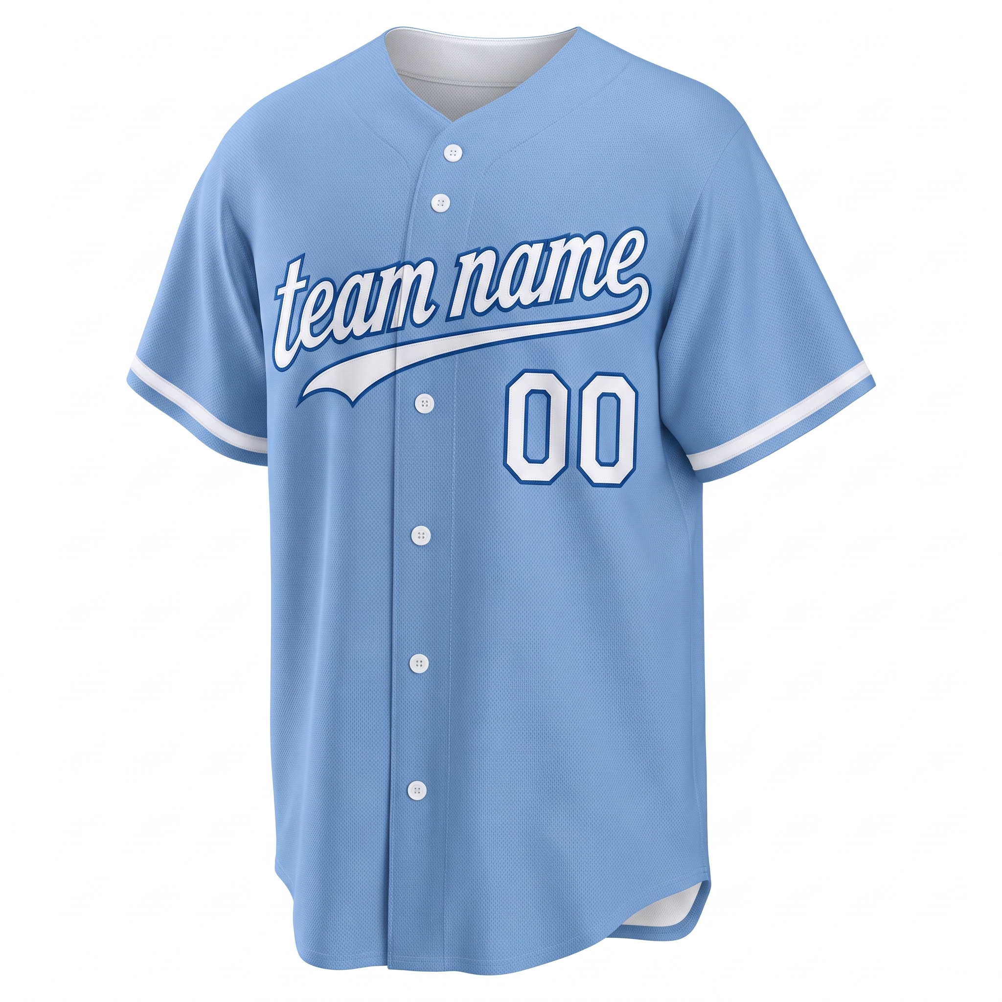 Custom Printed Kansas City Script Style Baseball Jersey Powder Blue White Trim Button Down Shirt for Men and Women