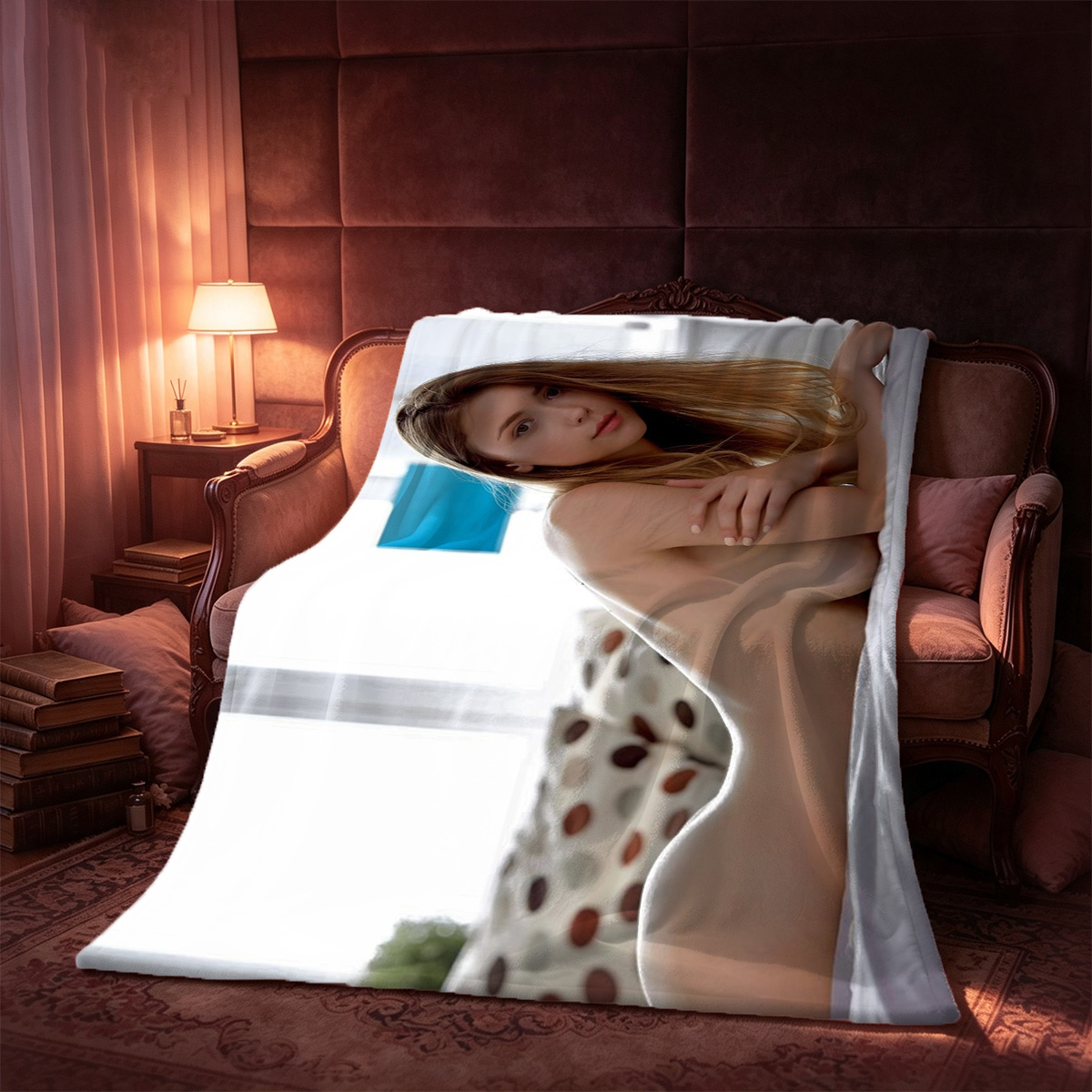 Nude redhead standing in ancient stone doorway. - Blanket