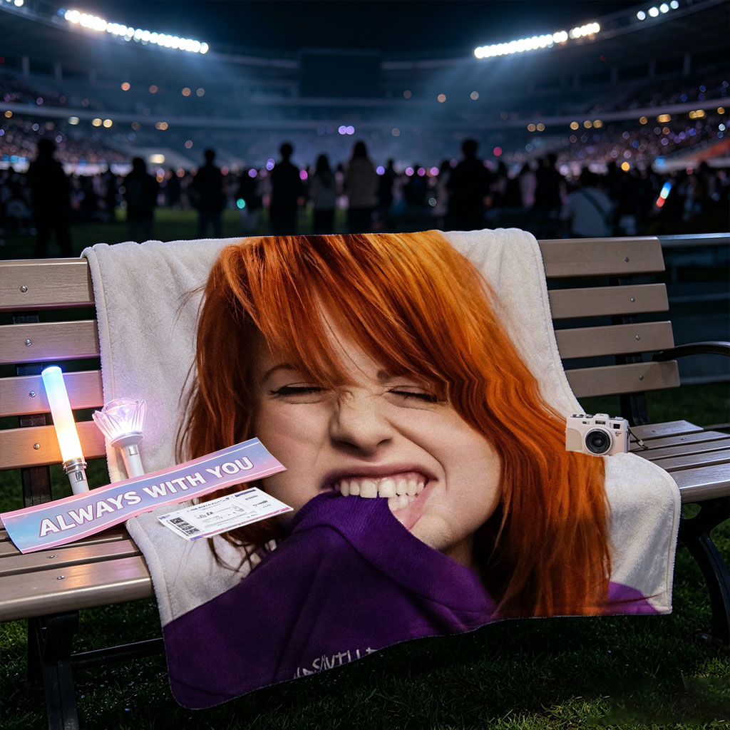 Hayley Williams from Paramore in a Playful Pose Wearing a Purple Nashville Shirt with a Vibrant Design - Blankets
