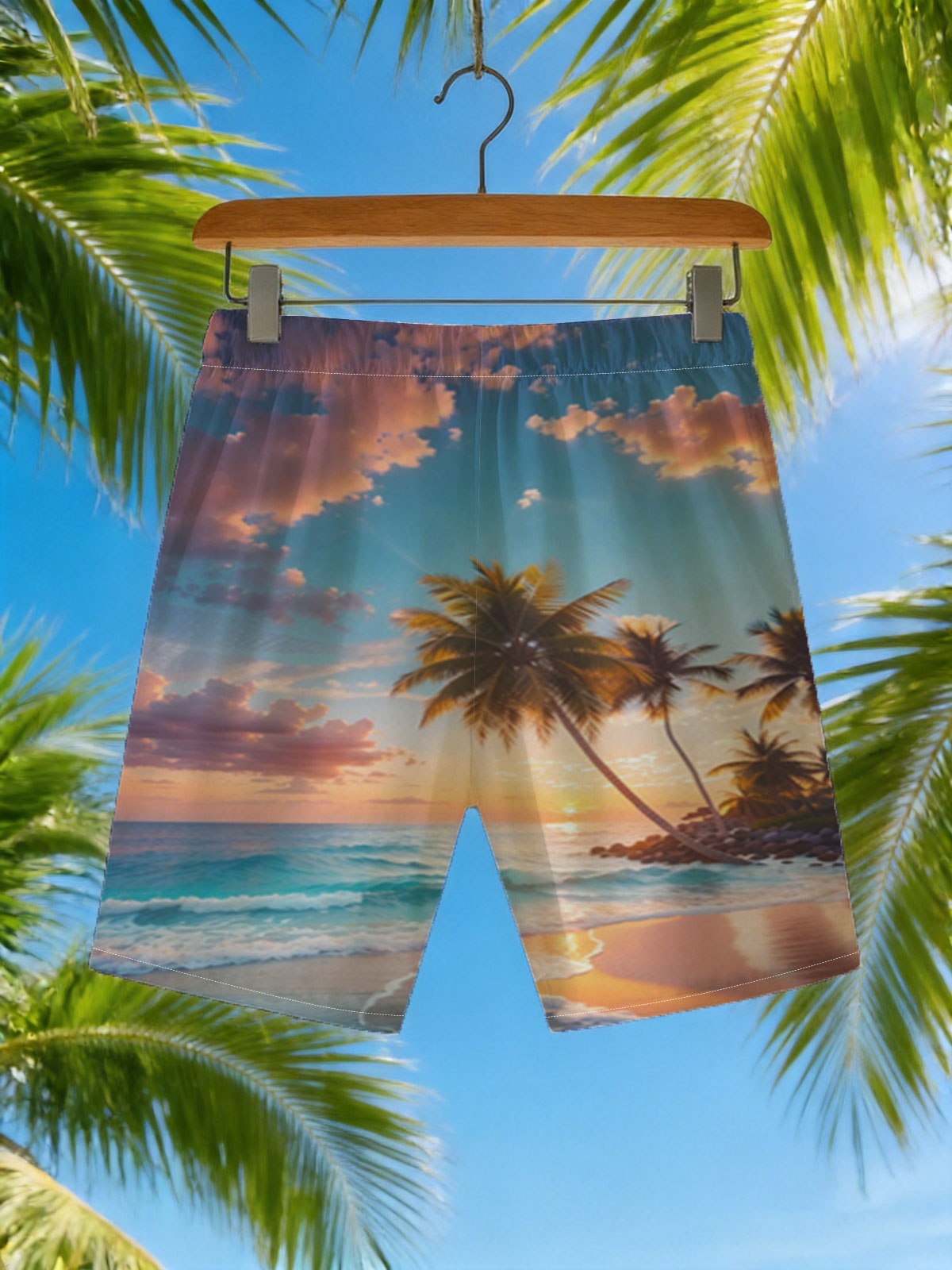 Tropical sunset with palm trees and waves on a sandy beach -  Beach shorts