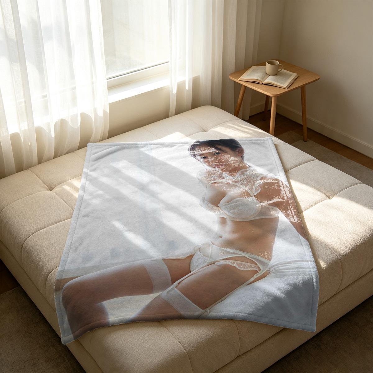 Ballerina in white tutu and tights stretching by floor-to-ceiling window overlooking city skyline. - Blanket