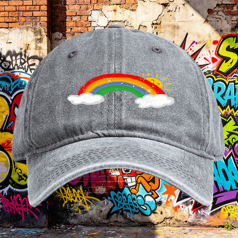 Unisex Classic Washed Cap with Rainbow and Sun Print | Casual Outdoor Hat for Adults and Teens | Perfect for Daily Wear, Travel, and Beach Activities