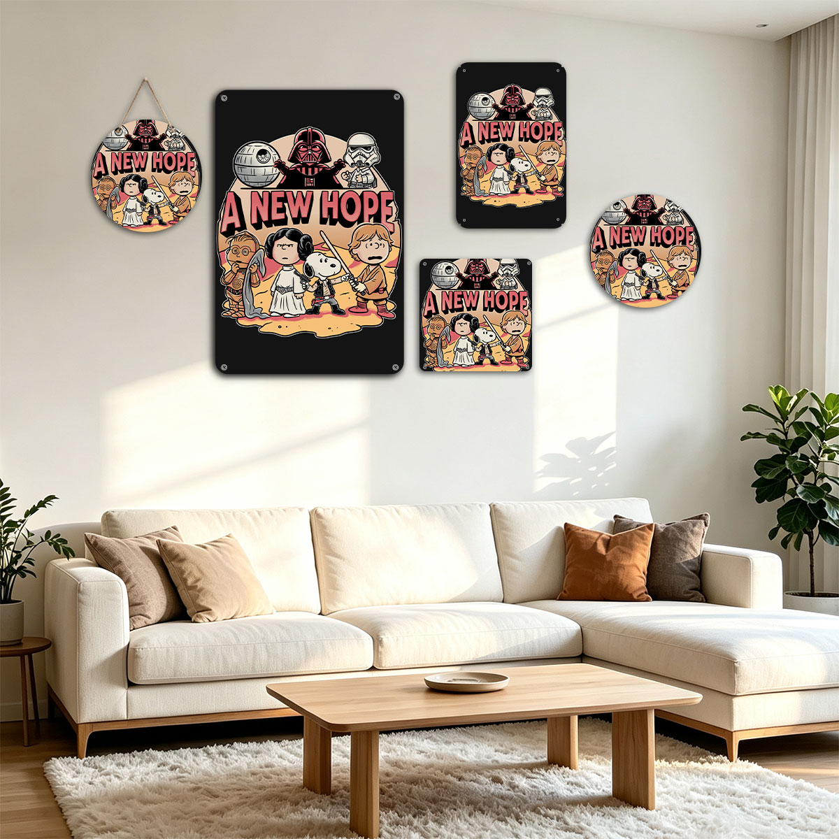 Star Wars: A New Hope - Snoopy as Luke, Leia, C-3PO, Darth Vader, Stormtrooper, and Death Star - painting