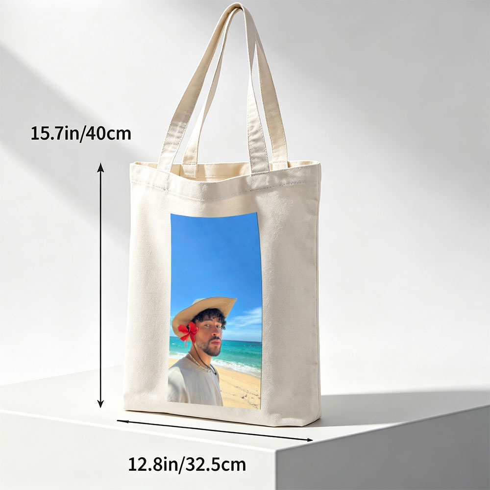 Bad Bunny on the Beach Wearing a Straw Hat with Red Flower and Beaded Necklace - Canvas tote bags