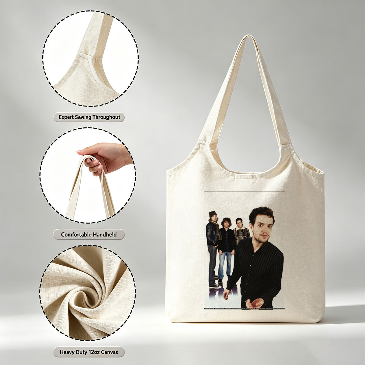 Coldplay Band Members in Studio Portrait with Lead Singer in Foreground - Canvas shoulder bags/