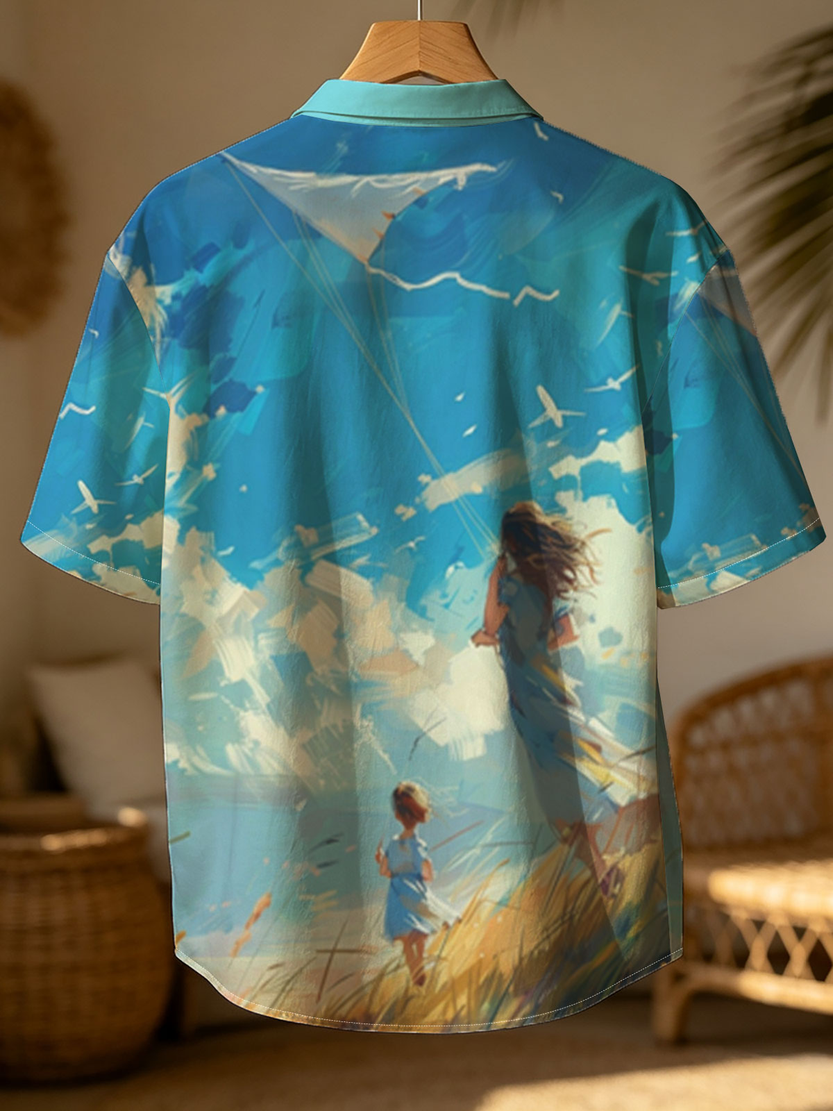 Mother and child flying a kite in a golden field under a vibrant blue sky. -  Shirt
