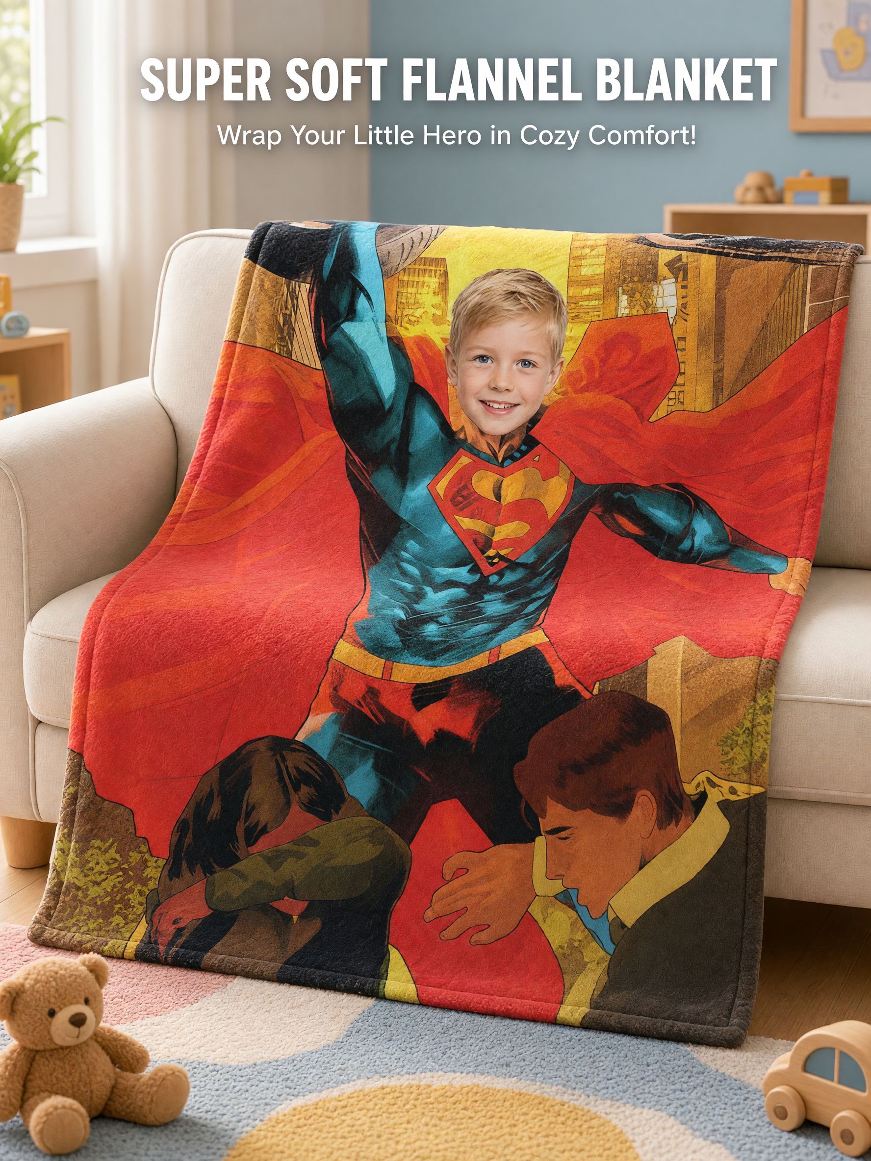Personalized Superhero Photo Face Flannel Blanket, Custom Comic Fleece Throw, Cozy Keepsake Gift for Bed Couch