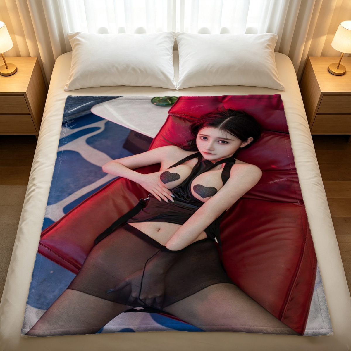 Kneeling in red lingerie and black pantyhose, Taiwanese model under a table. - Blanket