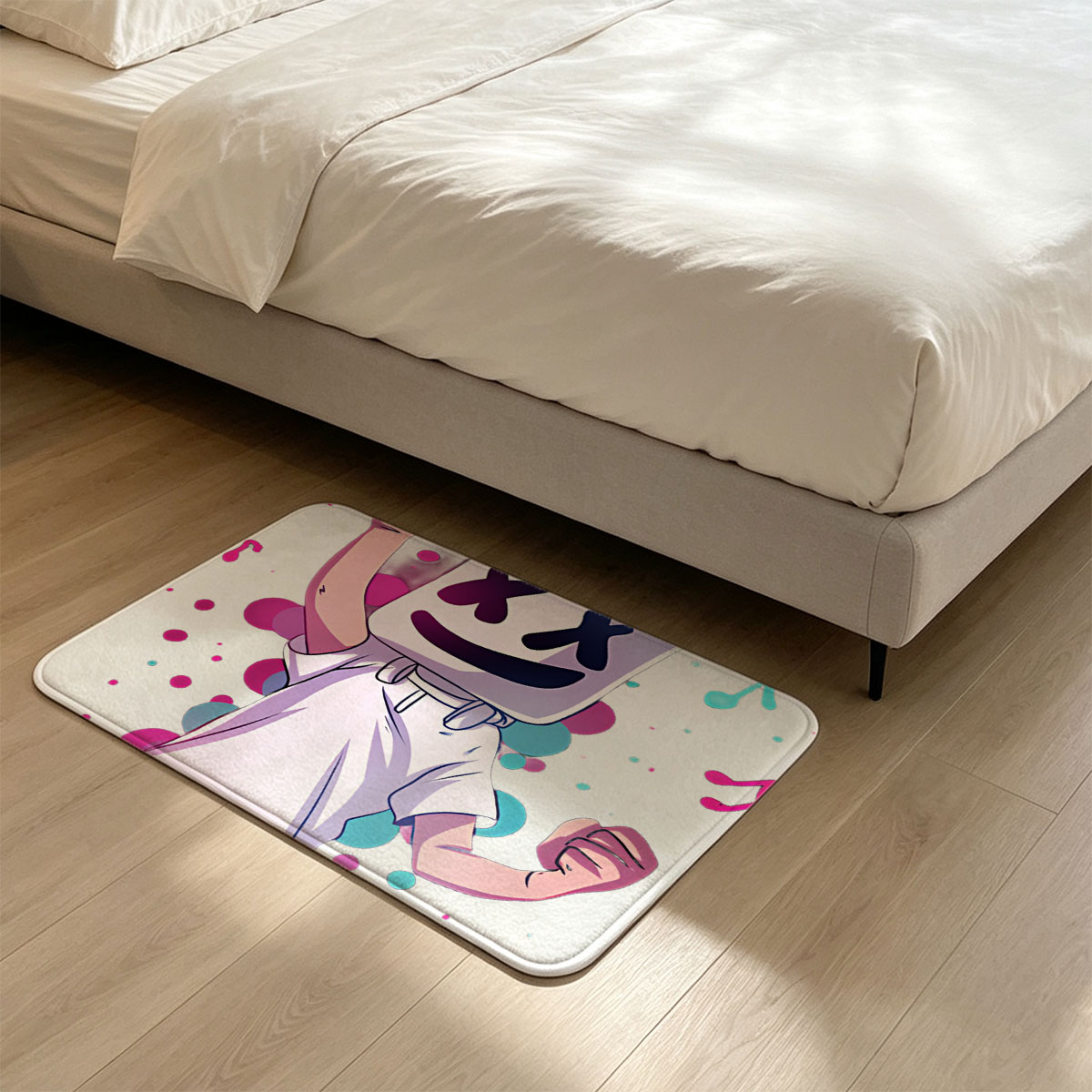Marshmello Performing with Microphone, Music Notes, and Colorful Background - Flannel floor mat