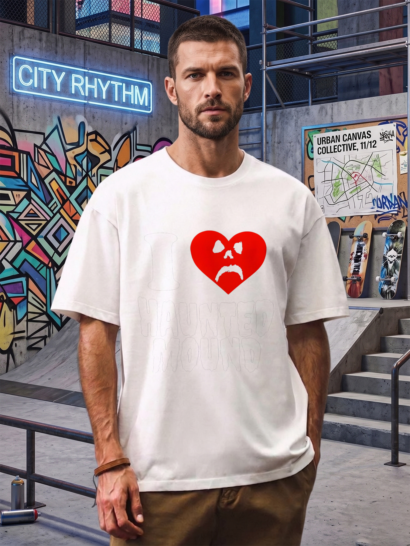 Men's Printed T-Shirt I Heart Haunted Mound Ghost Face Design Casual Round Neck Summer Lightweight Breathable Short Sleeve Tee for Halloween Fans and Horror Enthusiasts