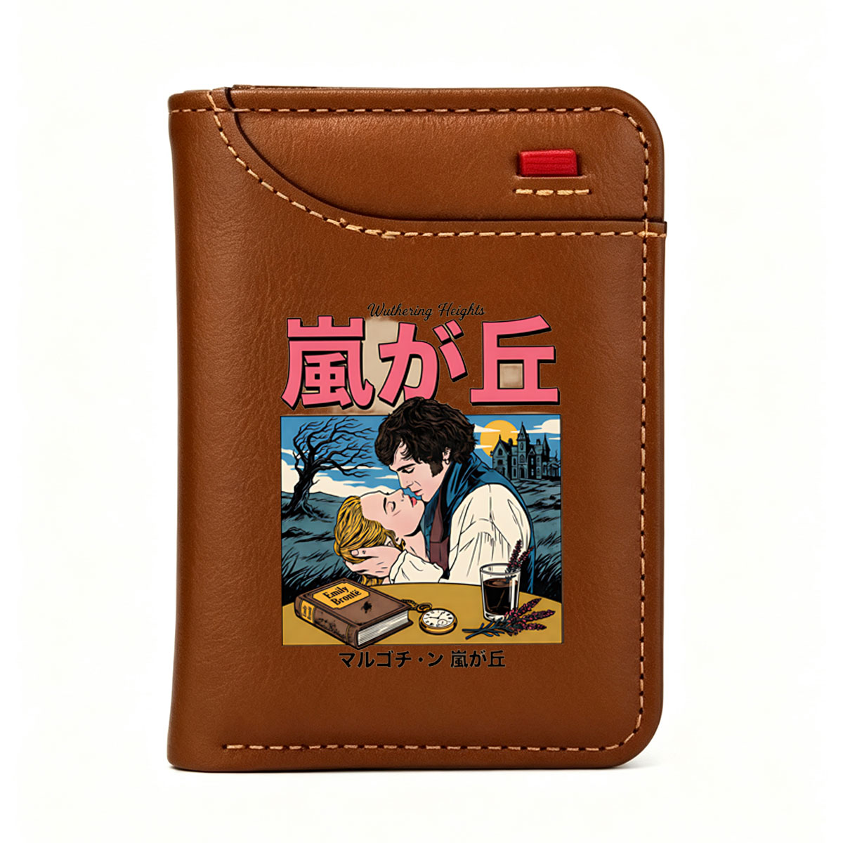 Wuthering Heights: Heathcliff and Catherine in Romantic Embrace, Emily Bront? Novel, Gothic Castle Background, Vintage Book and Watch on Table - Vertical Style Wallet