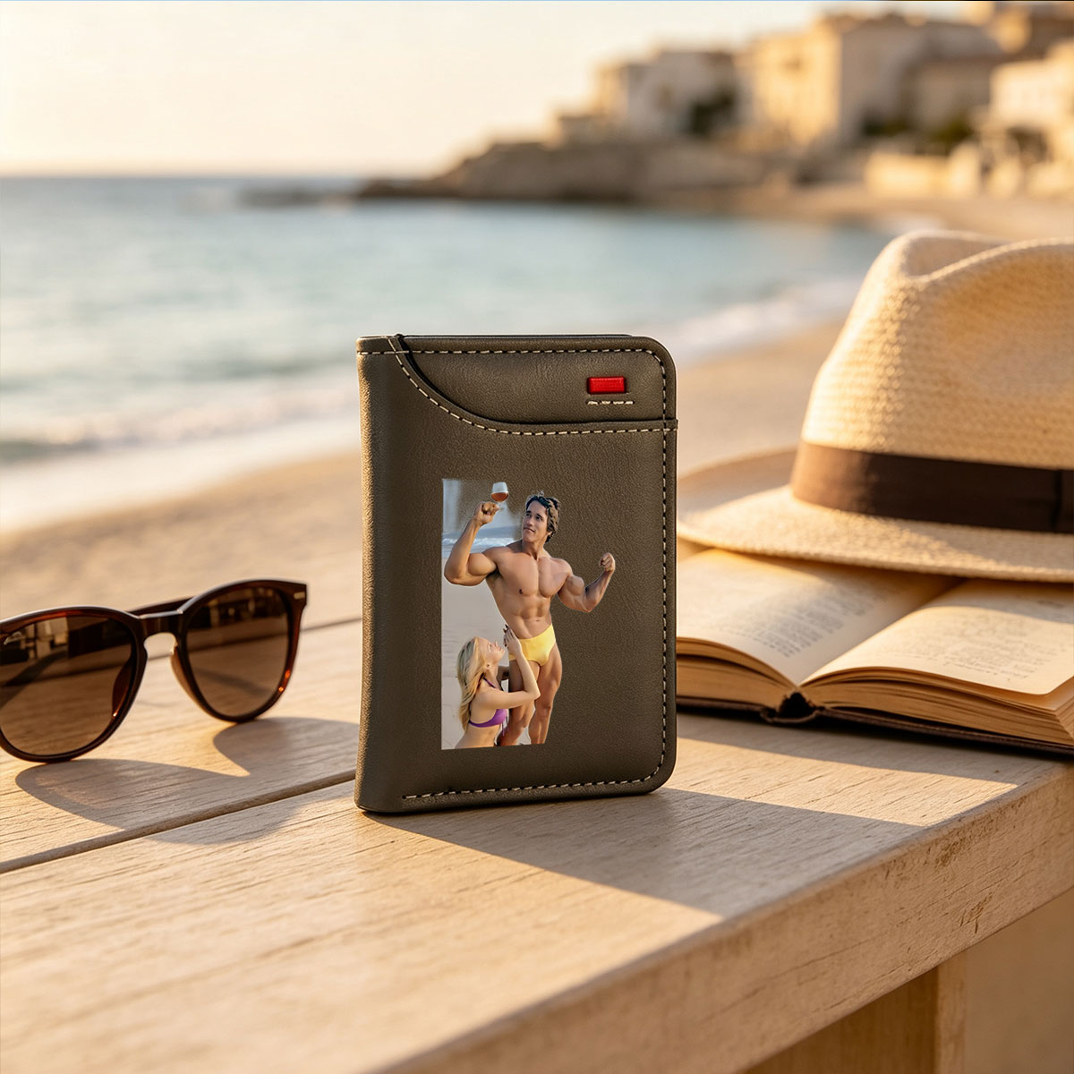 Muscular Man in Yellow Swimwear Holding Wine Glass, Woman in Purple Bikini Admiring Him on Beach - Vertical Style Wallet