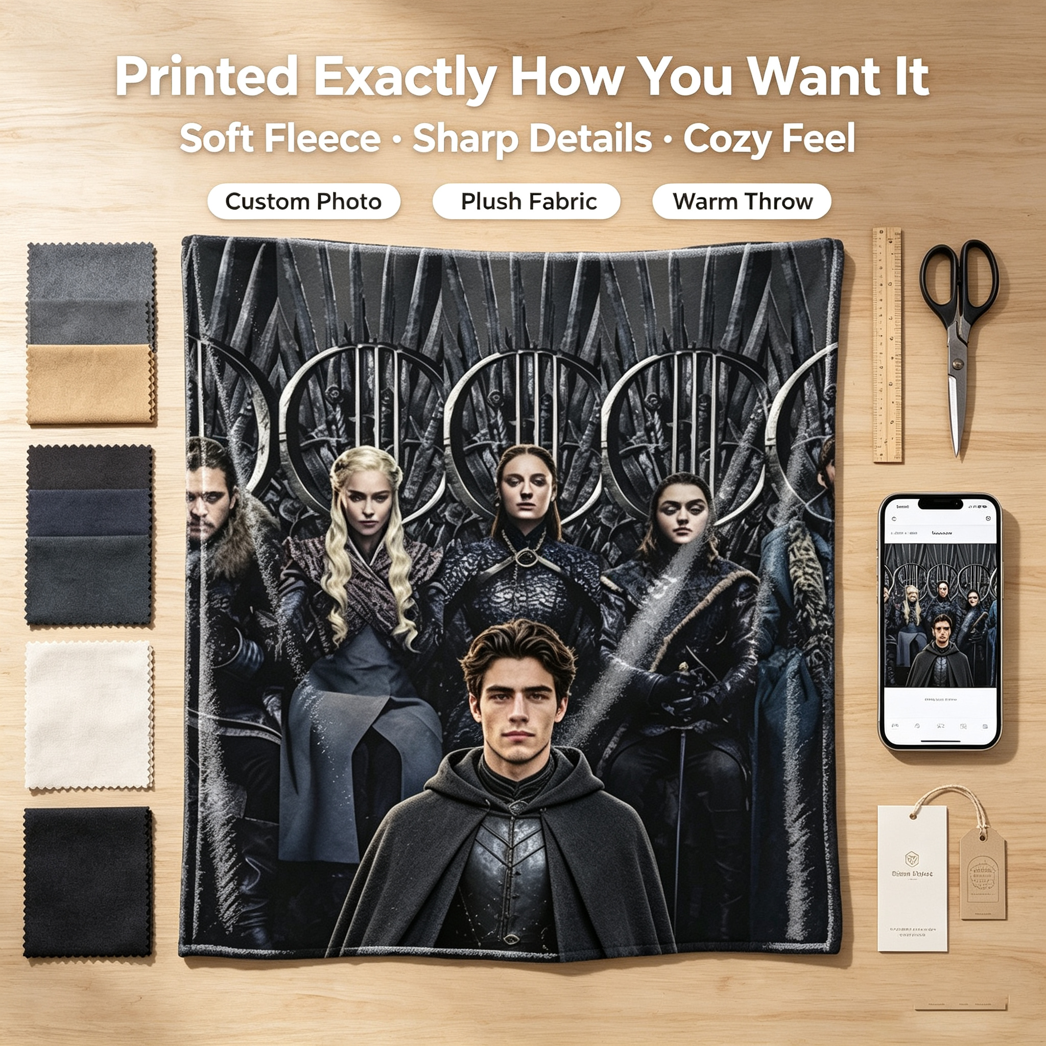 Custom Face Blanket Game of Thrones Characters Iron Throne Flannel Blanket Perfect for Fans and Cosplay Gifts and Giveaways