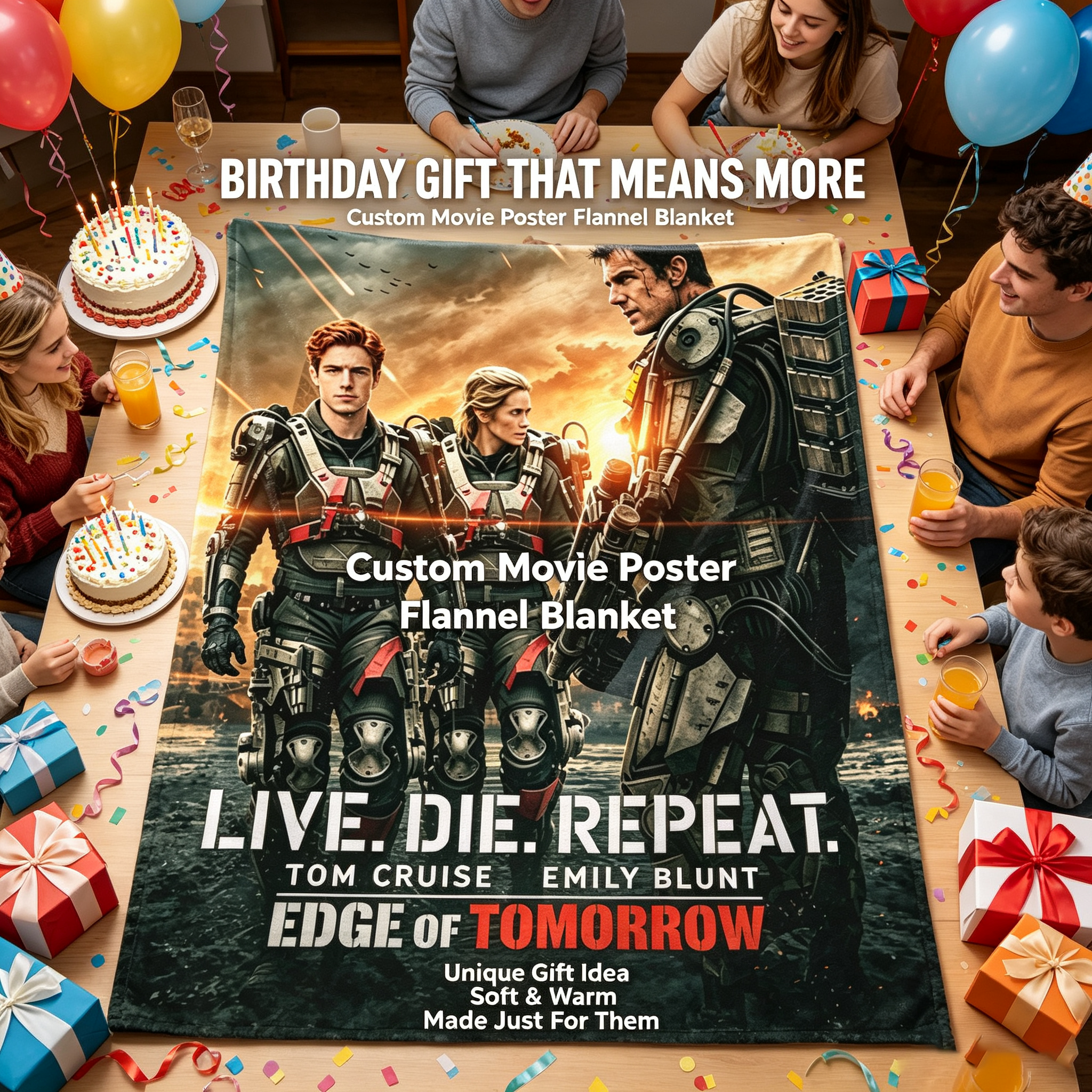 Custom Face Blanket Edge of Tomorrow Movie Characters Flannel Blanket Perfect for Fans of Tom Cruise and Emily Blunt Ideal for Couch, Bed, or Travel Great Gift or Giveaway for Sci-Fi Movie Enthusiasts