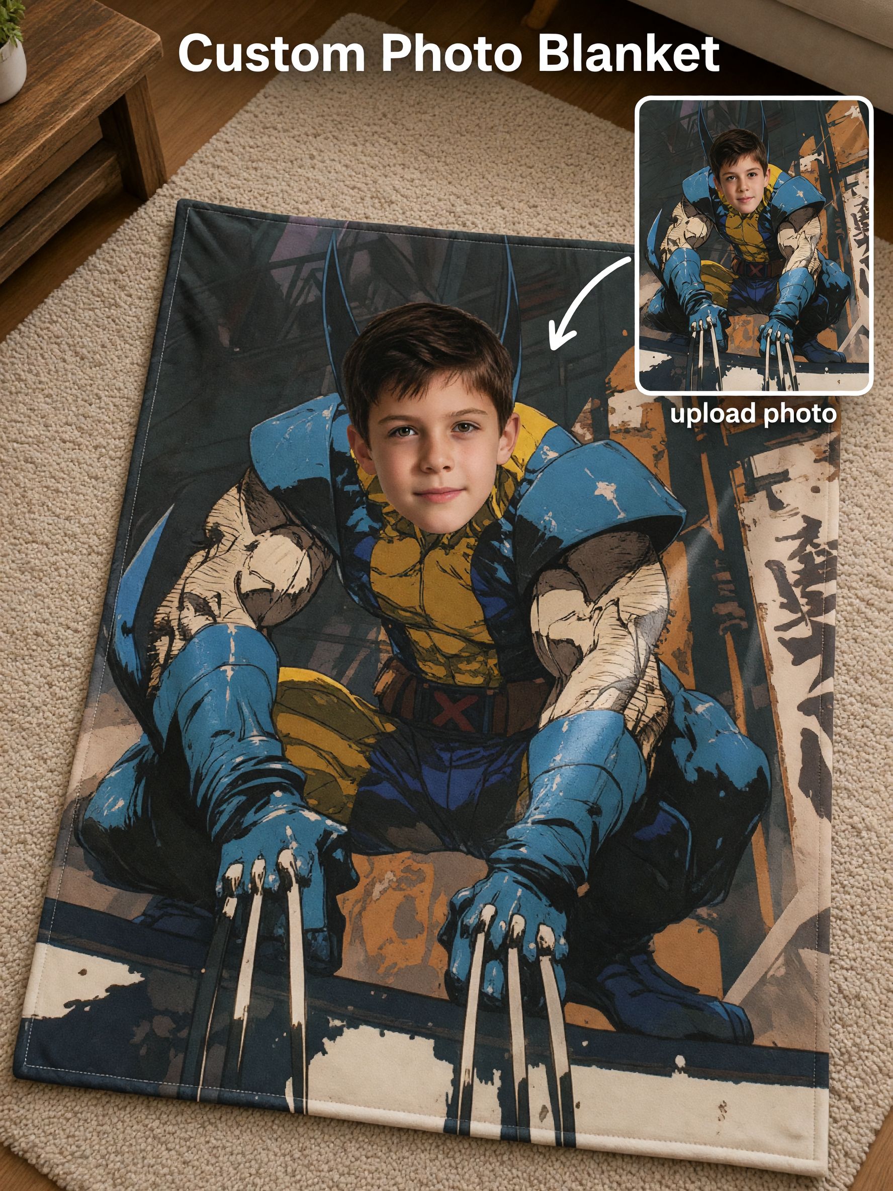 Personalized Face Superhero Flannel Fleece Blanket Custom Comic Photo Throw Ultra Soft Warm Bed Couch Gift