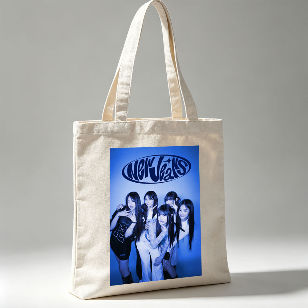 NewJeans Group Pose in Blue-Toned Studio Photo with Stylish Outfits and Confident Expressions - Canvas tote bags