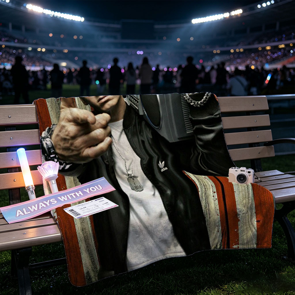 Eminem Holding Boombox Pointing at Camera Against American Flag Background - Blankets