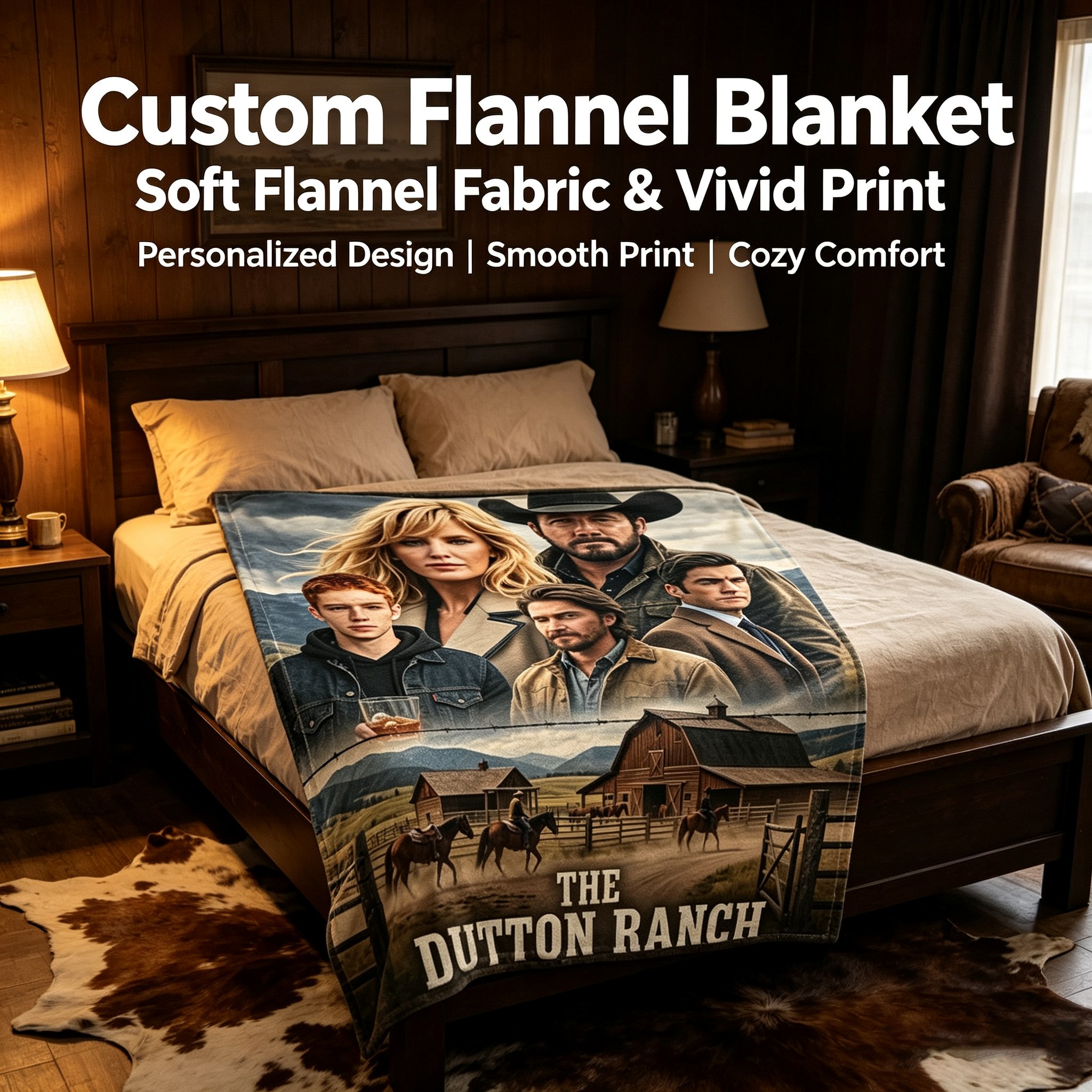 Custom Face Blanket The Dutton Ranch Flannel Blanket Western TV Show Fan Gift for Cowgirl and Cowboy Lovers Home Decor or Cozy Bedding Present