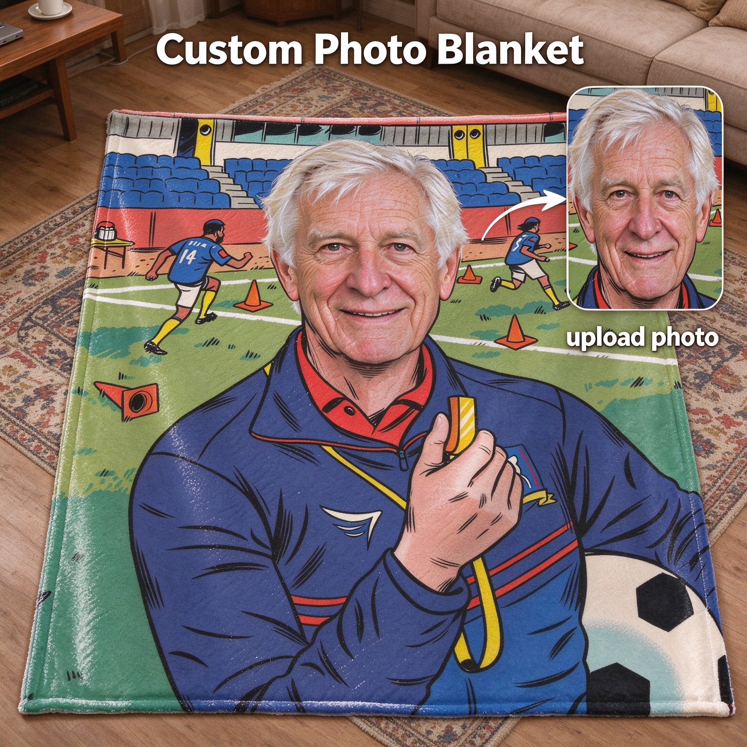 Custom Face Blanket Personalized Soccer Coach Photo Soft Flannel Throw Fleece Blanket for Bed Sofa Ideal Sport Gift