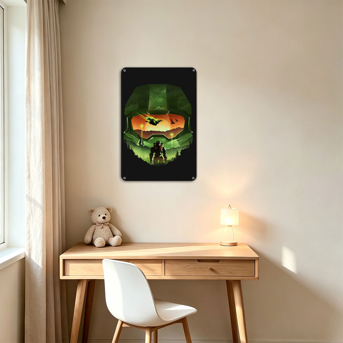 Master Chief Helmet View: Halo Soldier in Forest at Sunset - painting