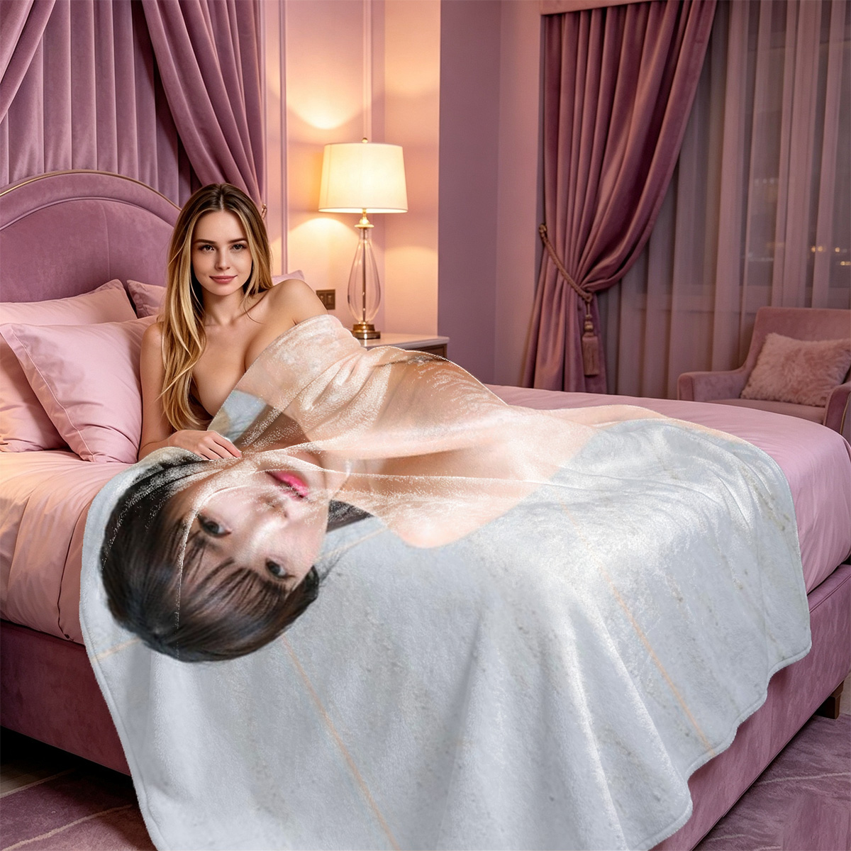 Nude Blonde Woman Lounging on Chair - Blanket