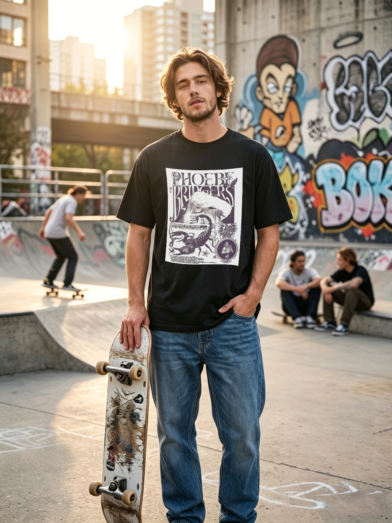 Men's Printed T-Shirt Featuring Phoebe Bridgers Artwork with Scorpion, Floral Motifs and Lyrics 
