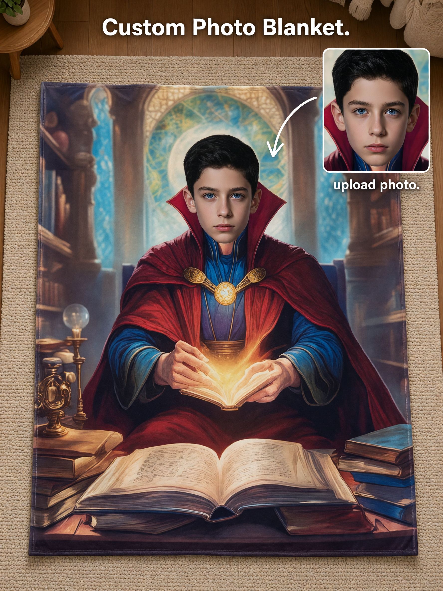 Custom Photo Face Blanket Personalized Fantasy Sorcerer Wizard Flannel Fleece Throw Soft Anti-Pilling Keepsake Gift for