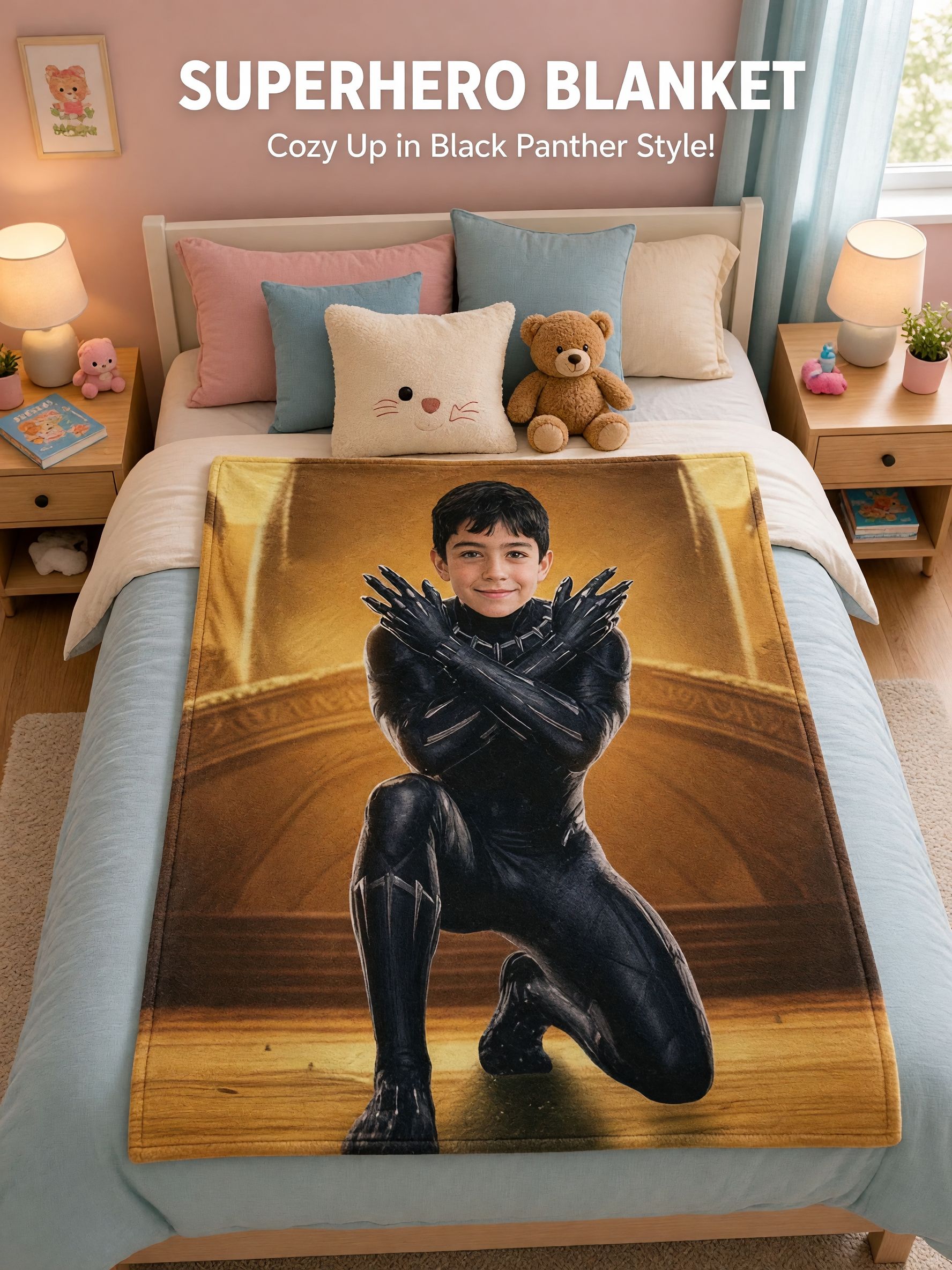 Custom Superhero Face Blanket Personalized Photo Flannel Throw Soft Warm Anti-Pilling Fleece Bed Couch Keepsake Gift