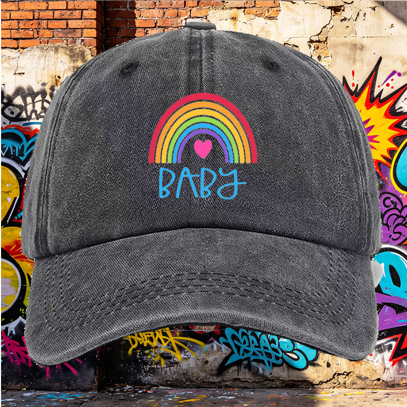 Men's Rainbow Heart Print Washed Cap Baby Text Design Casual Round Brim Summer Lightweight Hat for Outdoor Activities and Daily Wear, Perfect for Young Adults and Trendy Urban Style Lovers