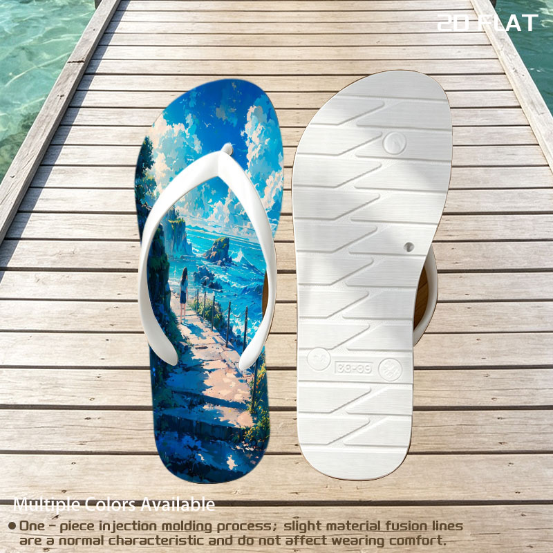 Girl walking on coastal path overlooking turquoise sea and rocky cliffs under bright blue sky -  flip-flops